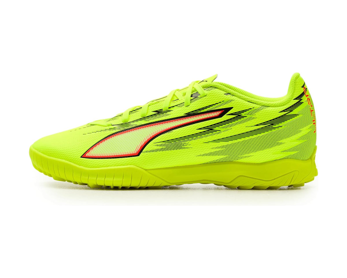 Neon yellow turf soccer cleat, side profile with red-trimmed PUMA stripe