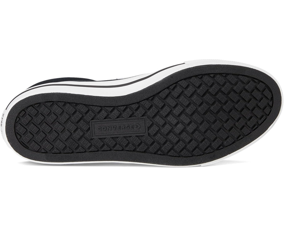 Black Converse sneaker outsole with textured tread and white midsole