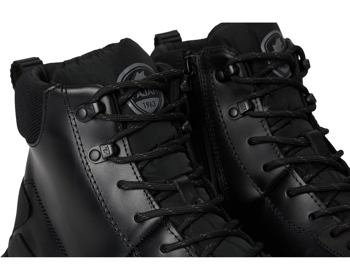 Men's black boots close-up with lace hooks, stitched seams, and logo patch