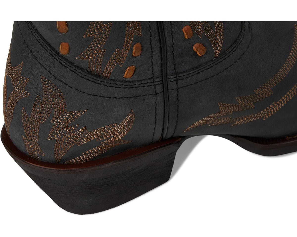 Men's black boot shaft close-up with brown decorative stitching