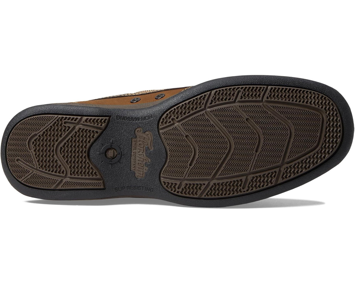 Stone leather slip-on moccasin outsole with textured rubber tread and patterns
