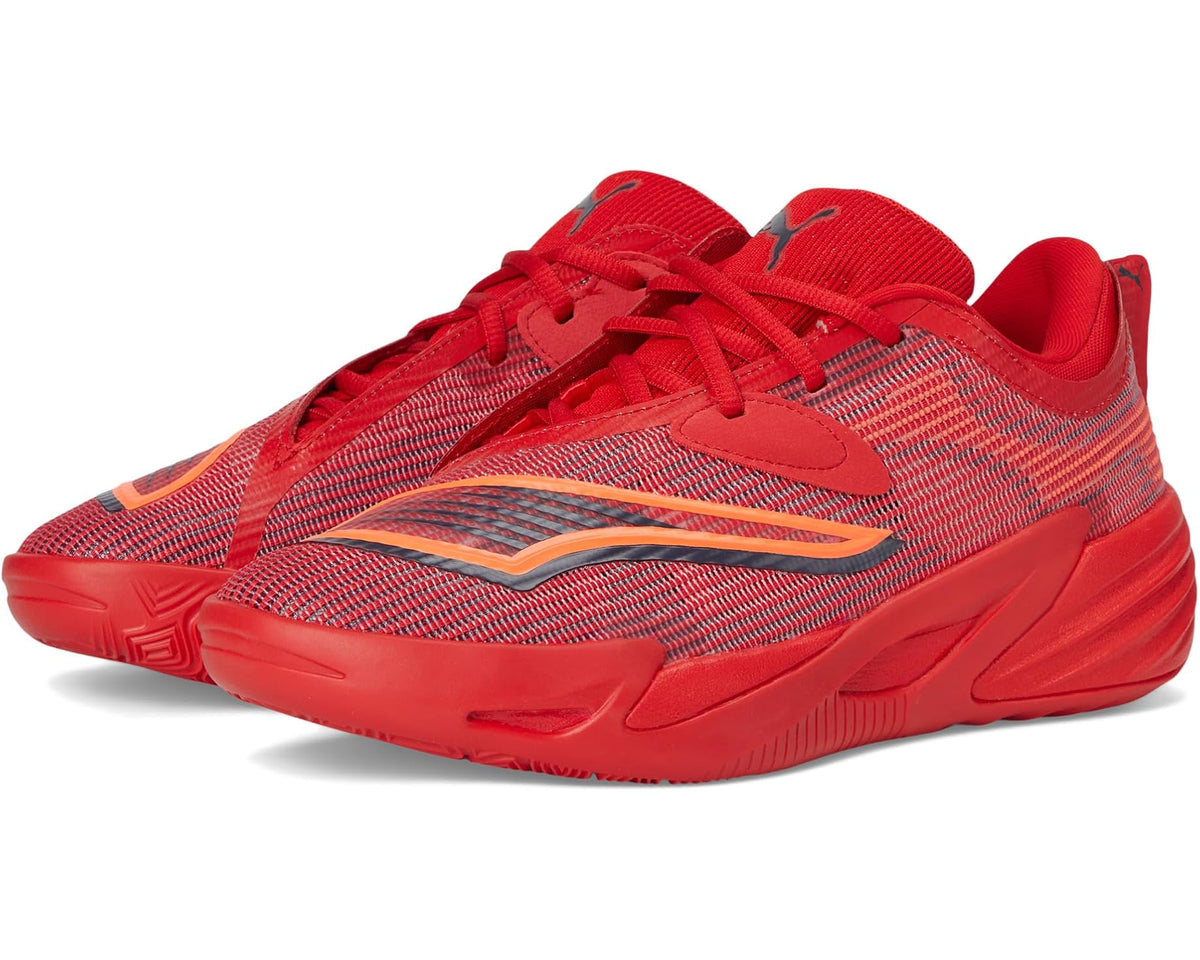 Red lace-up running shoes with textured knit upper and blue accent stripes