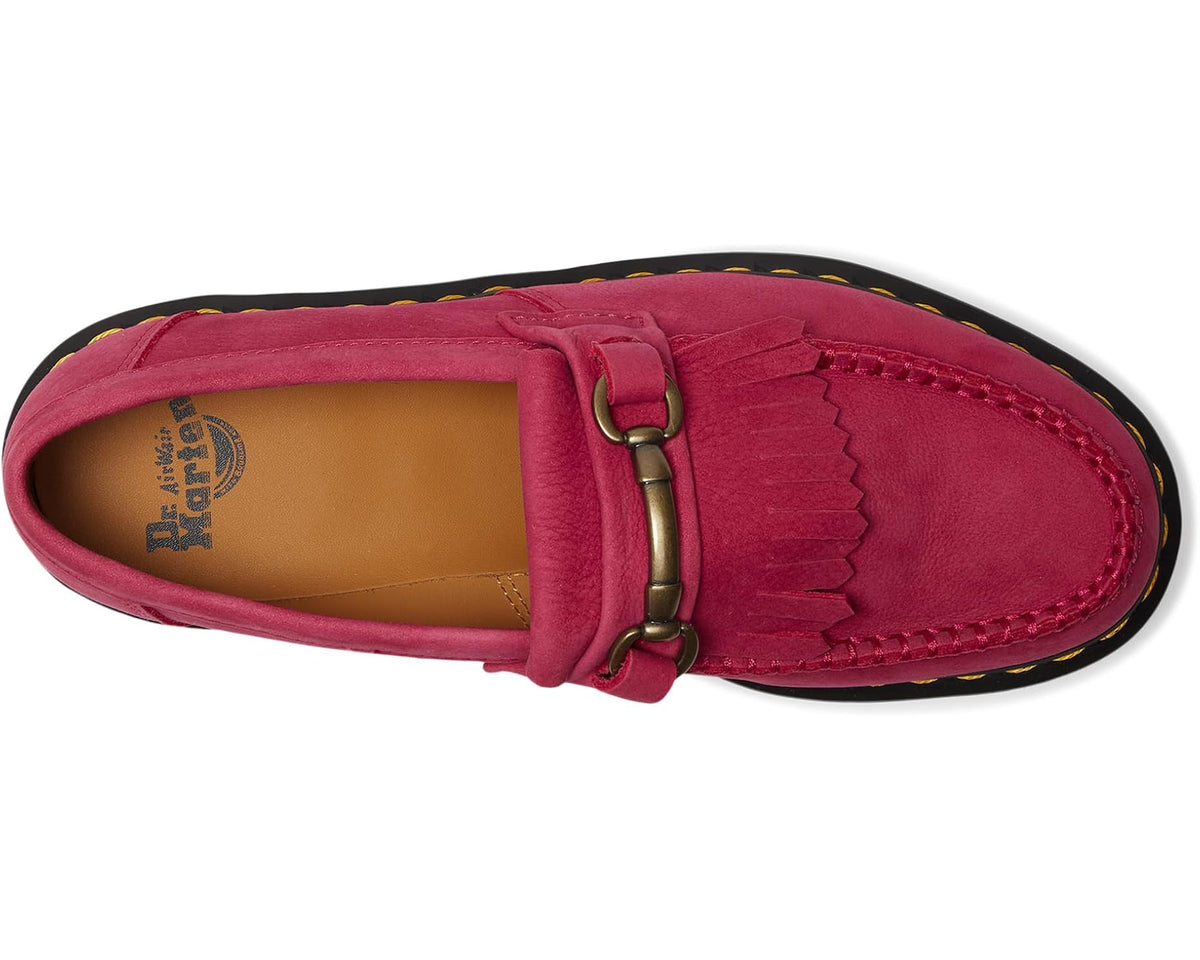 Fuchsia pink suede loafer with moc stitching and slip-on collar