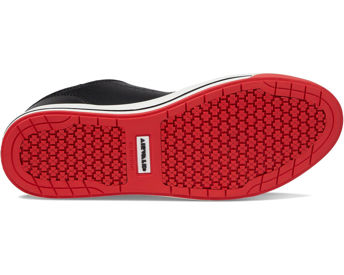 Men's work sneaker outsole with red patterned tread and white midsole edge
