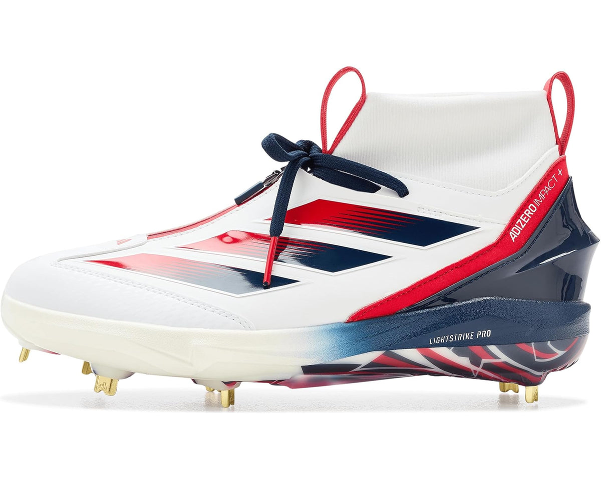 adidas lace-up baseball cleat in white with red laces, navy midfoot panel, metal studs