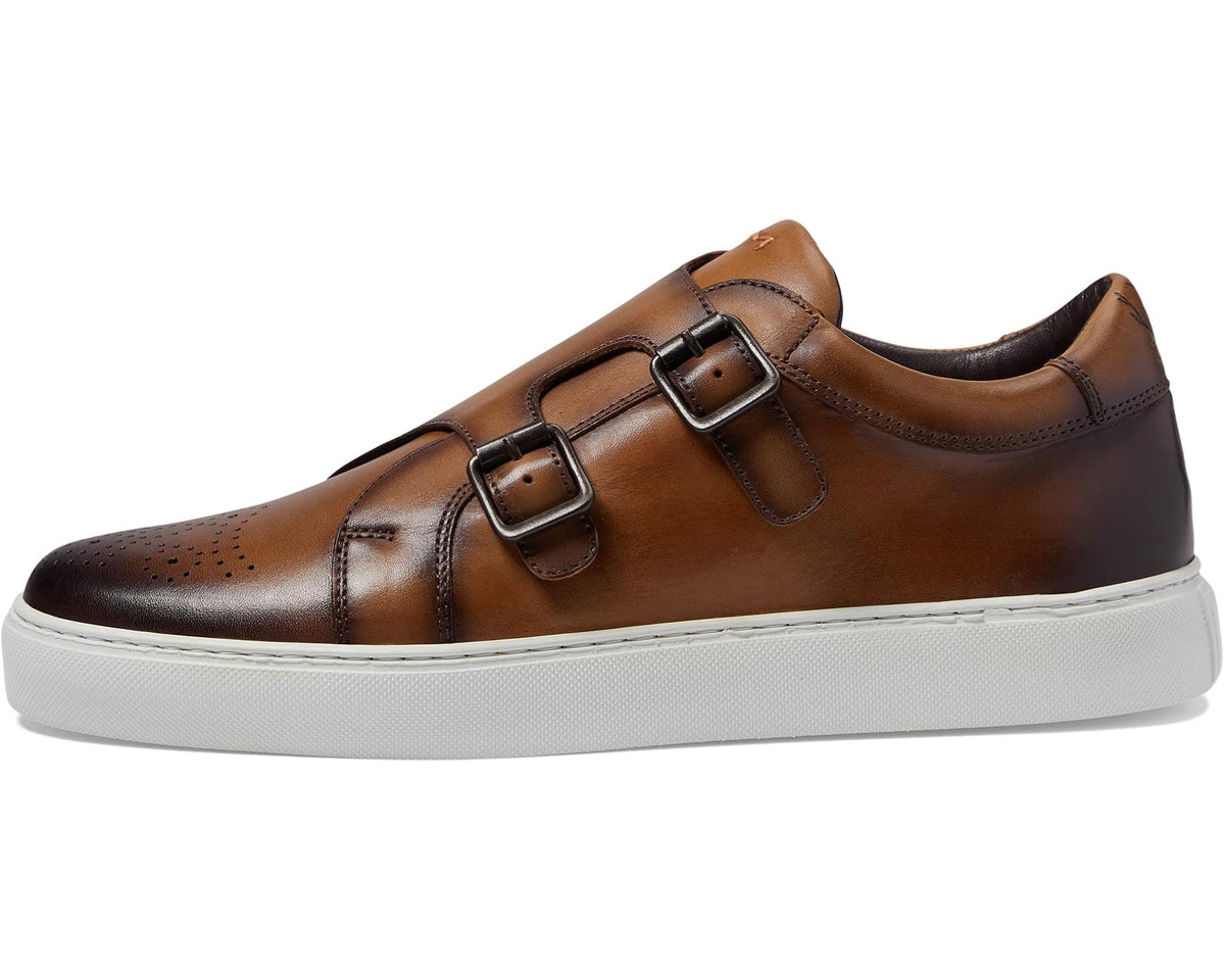 Men's pecan brown leather sneaker with double buckles and perforated detailing