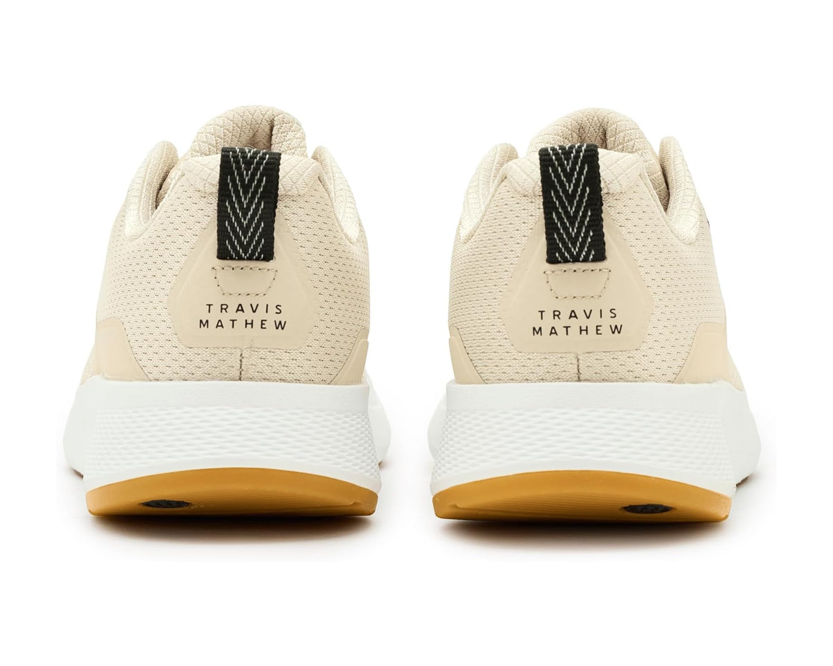 Men's Italian Sand sneakers showing heel tabs and TravisMathew branding on back