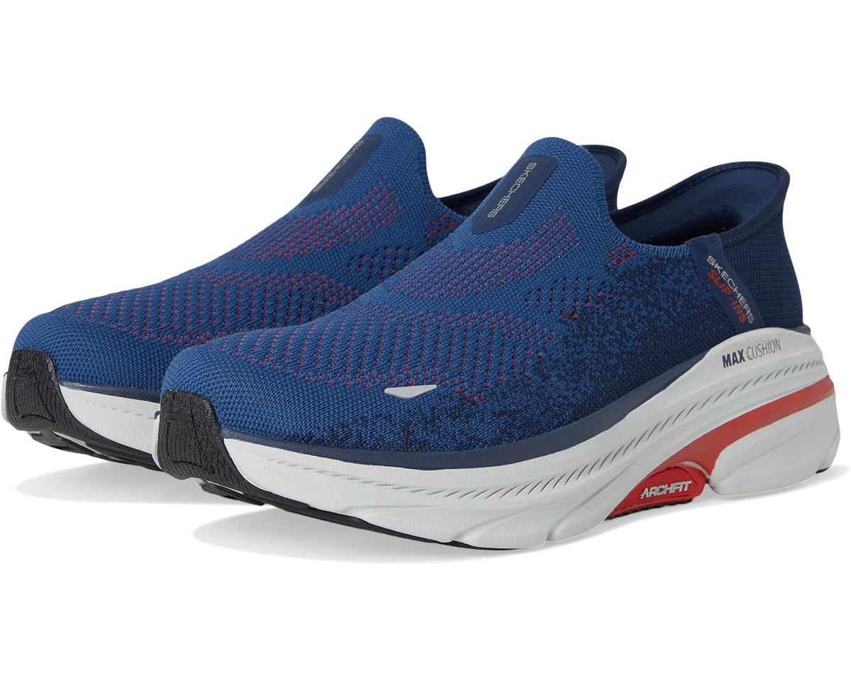 Men's SKECHERS slip-on sneakers, navy knit with red accents and Max Cushion sole