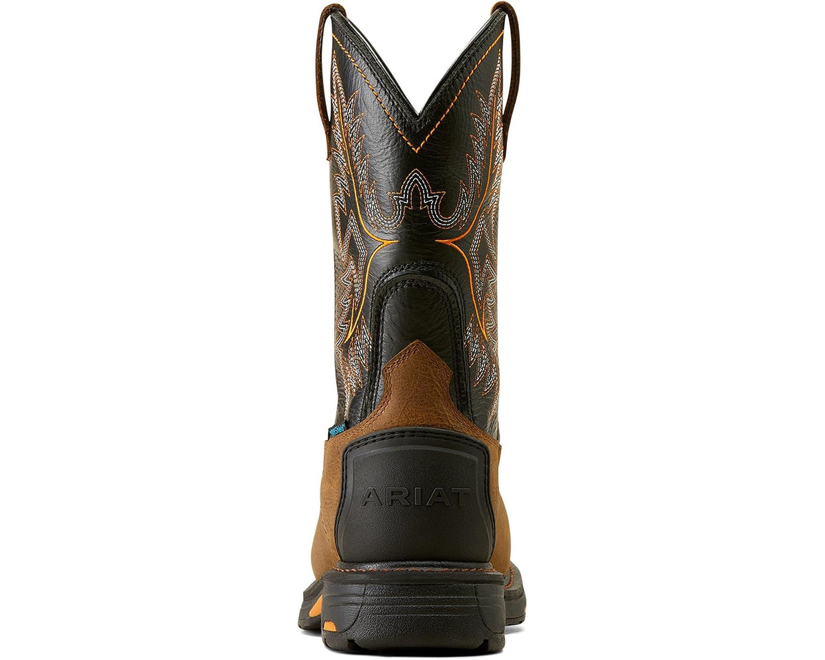 Back view of men’s work boots with Ariat logo on black heel and western embroidered shaft