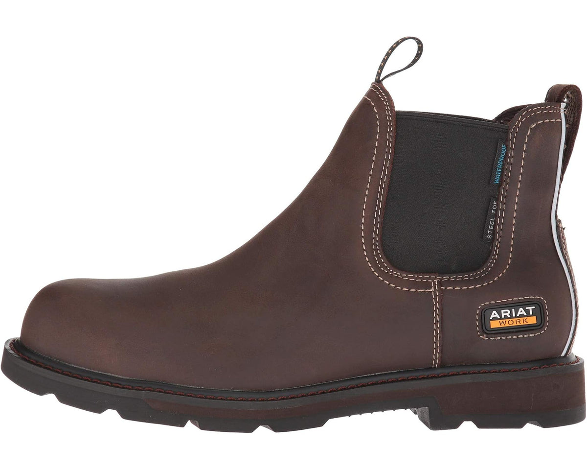 Ariat dark brown Chelsea work boot with elastic gore panels and pull-loop
