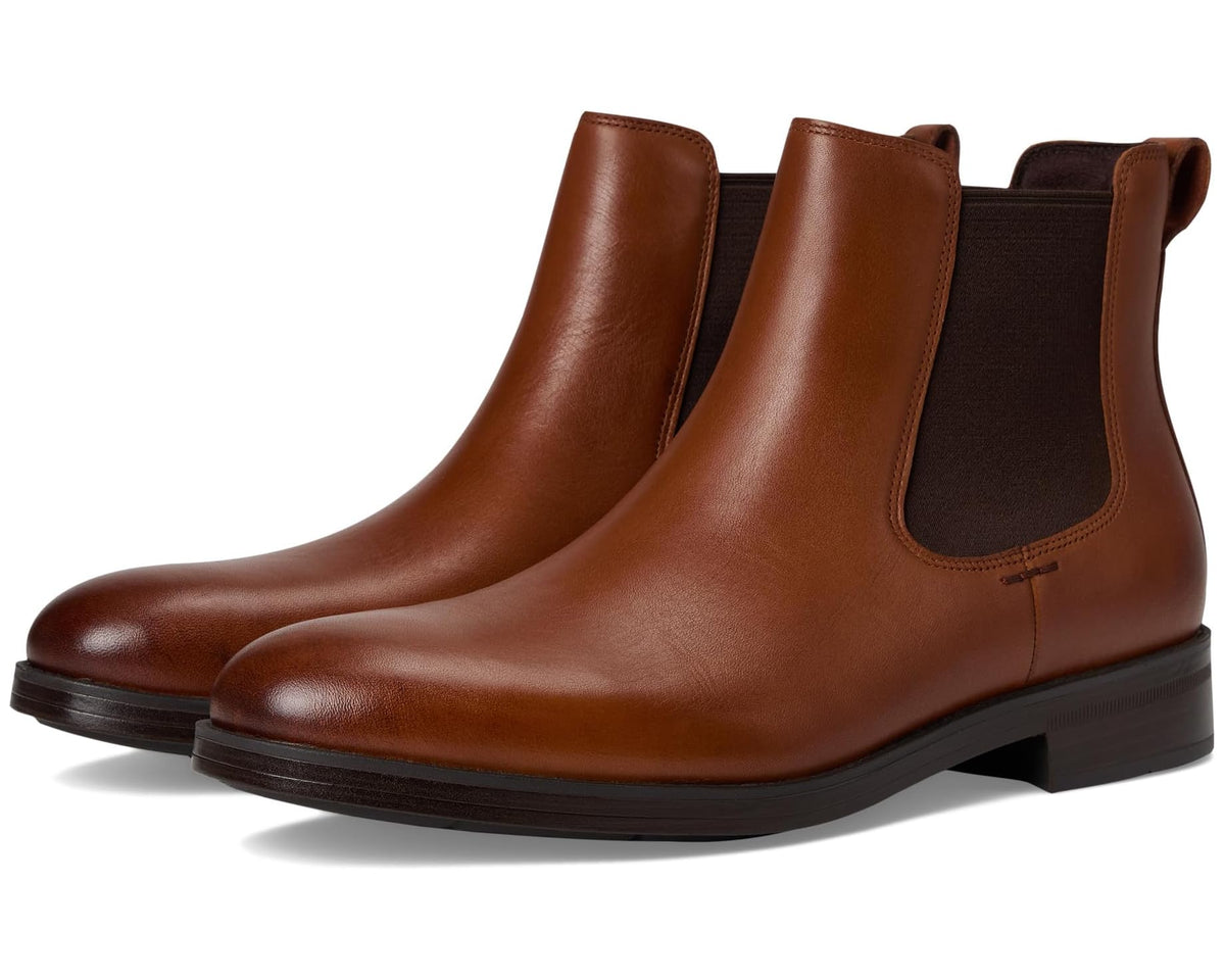 Men's brown leather Chelsea boots with elastic side panels and pull tabs