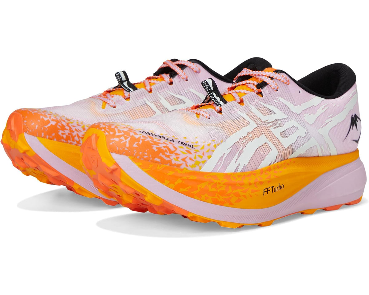 Unisex trail running shoes in light lavender, white, and orange with orange laces