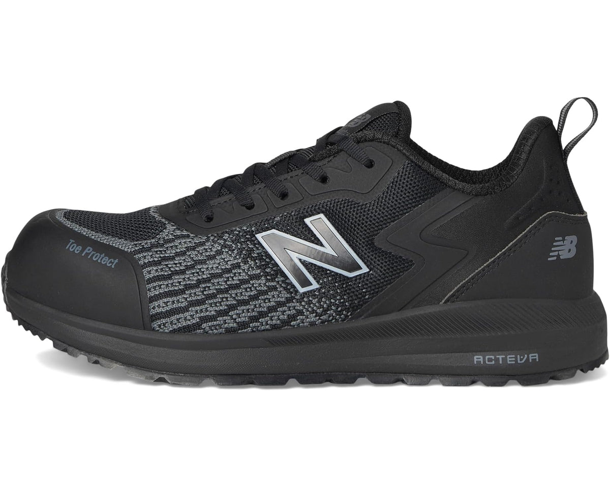 Black safety-toe lace-up work shoe with mesh knit upper and New Balance N logo
