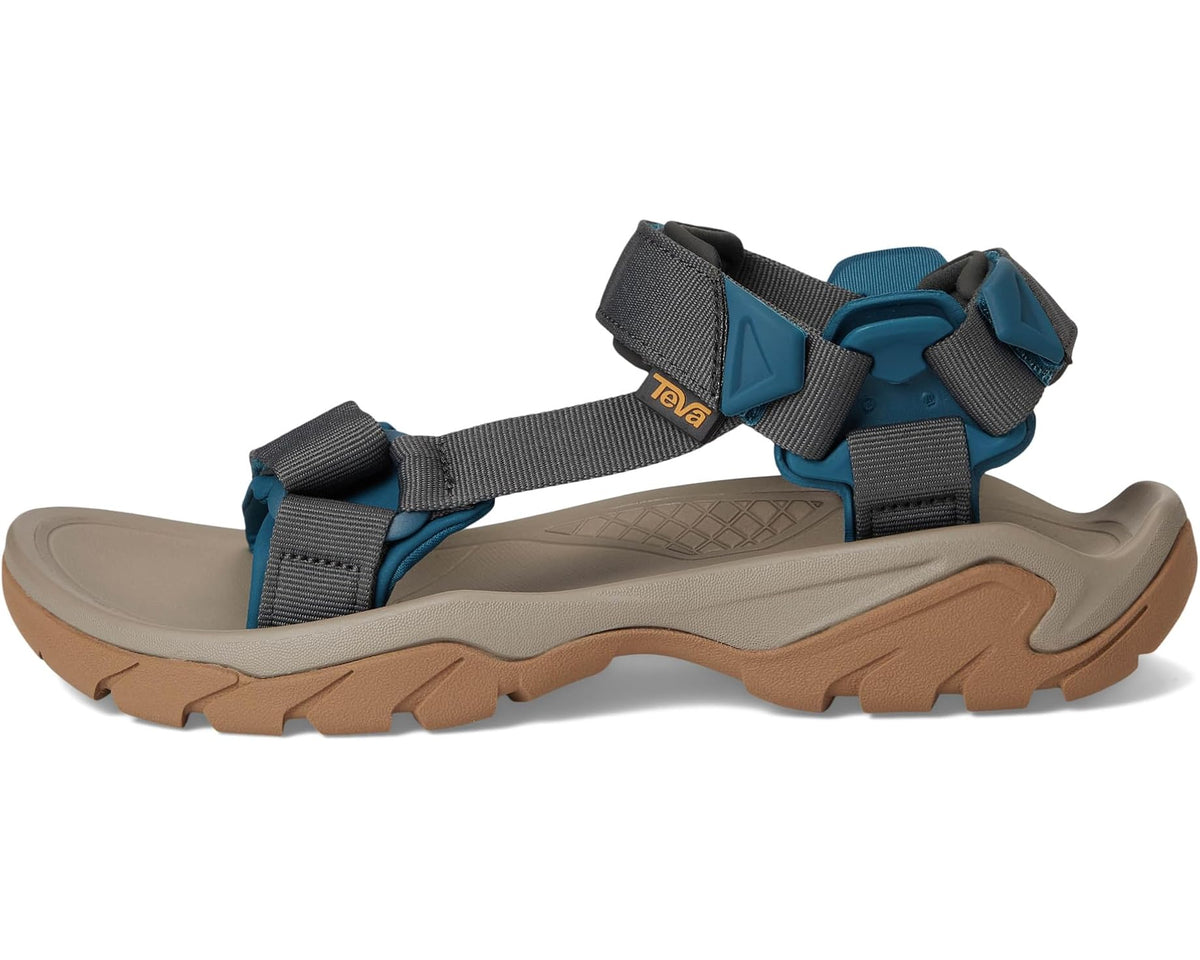 Men's Teva sport sandals, blue and gray straps over tan midsole