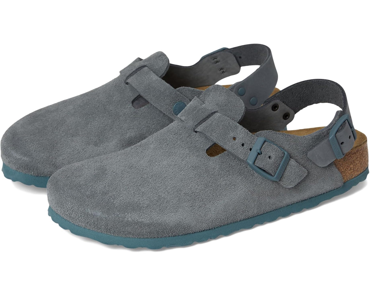Unisex suede clog sandal in basalt gray with adjustable blue buckles