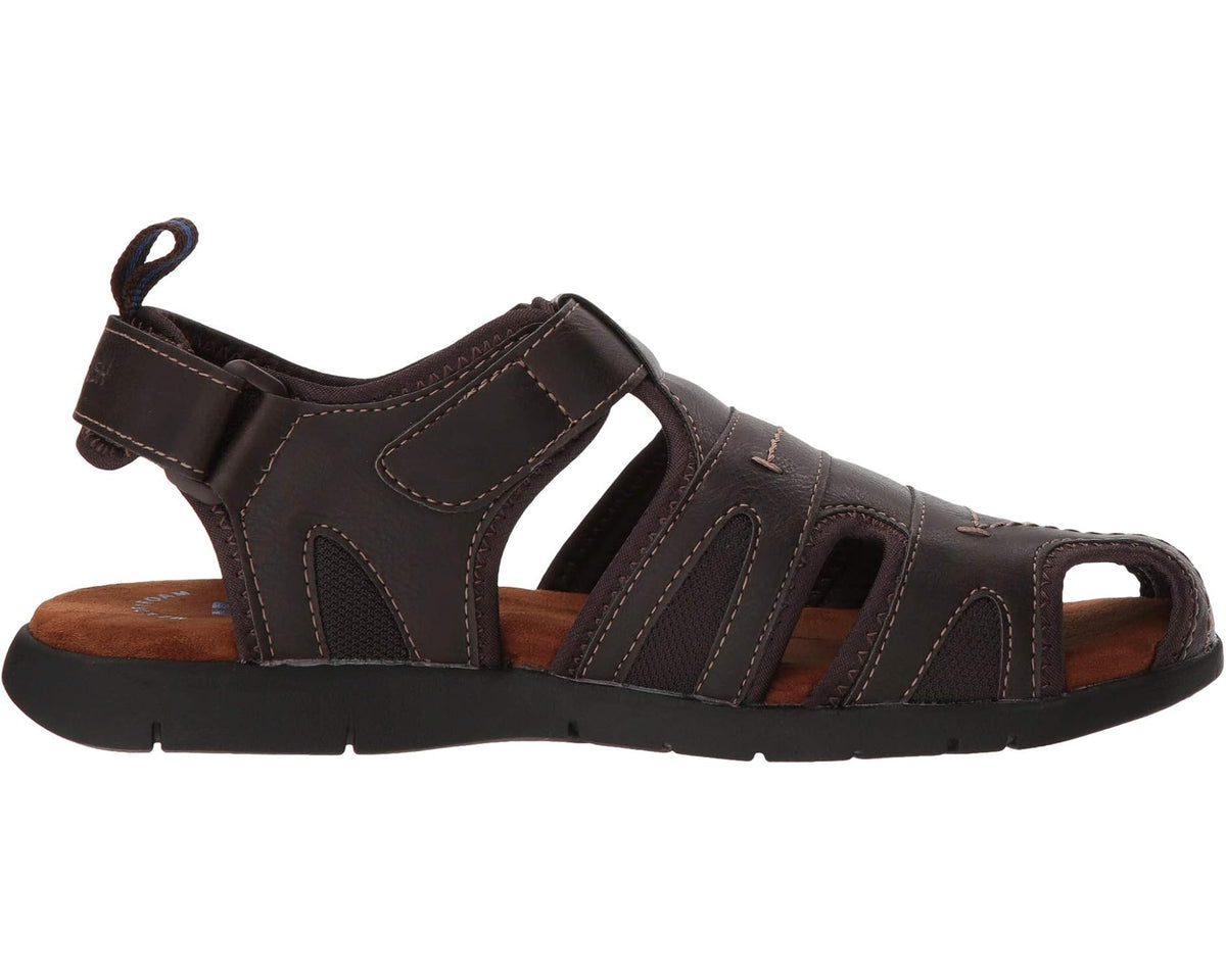 Dark brown closed-toe fisherman sandal with hook-and-loop closure and cushioned footbed