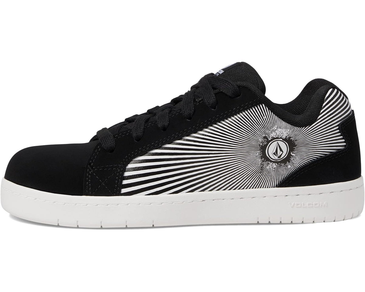 Volcom men's black sneakers with white striped side panel, lace-up, and round logo