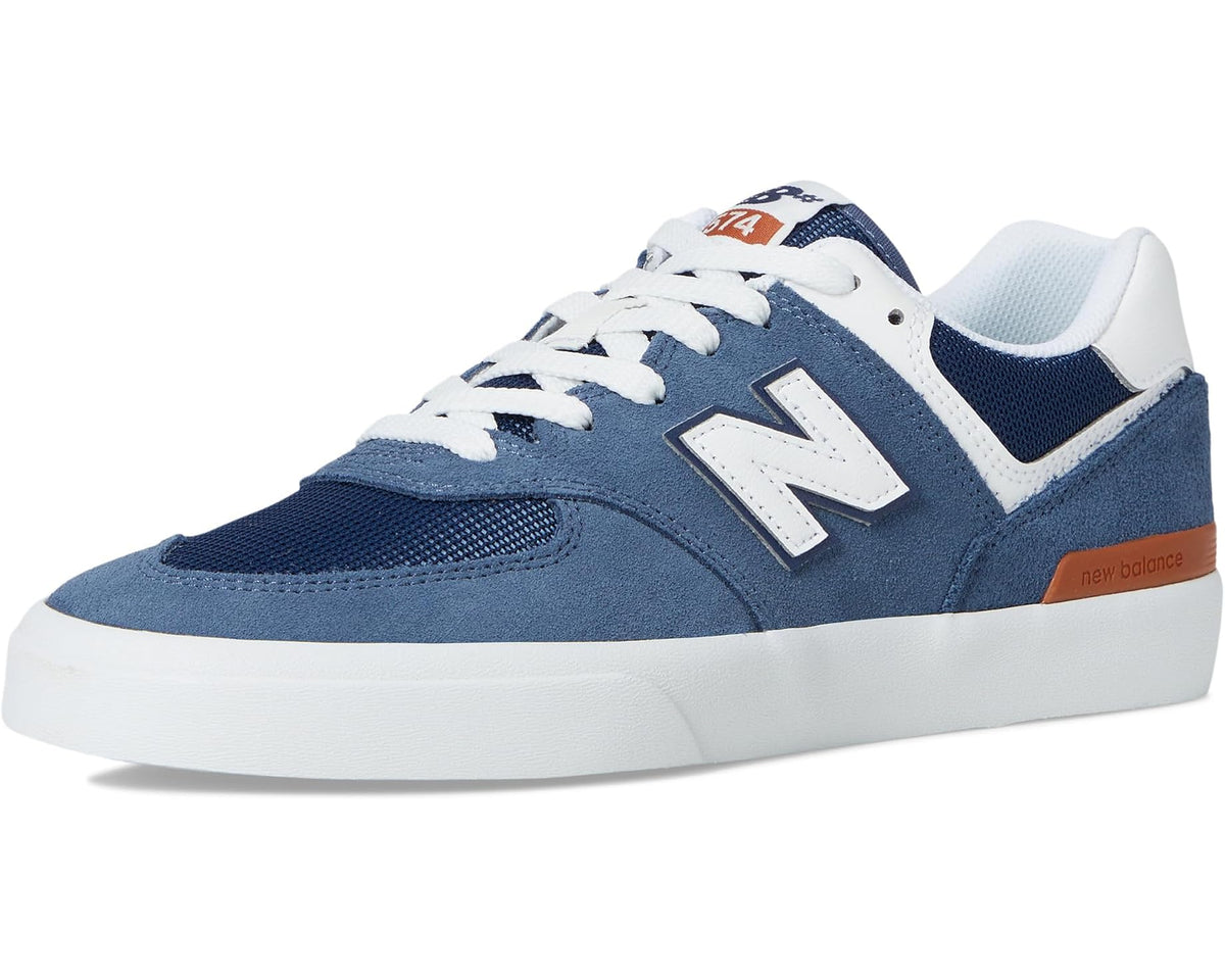 Indigo and white lace-up sneakers with bold N logo and white rubber sole