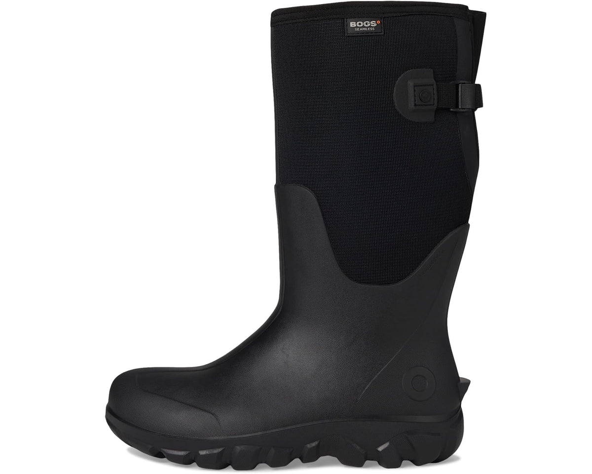 Men's Bogs tall black rubber boots with side panel and adjustable strap