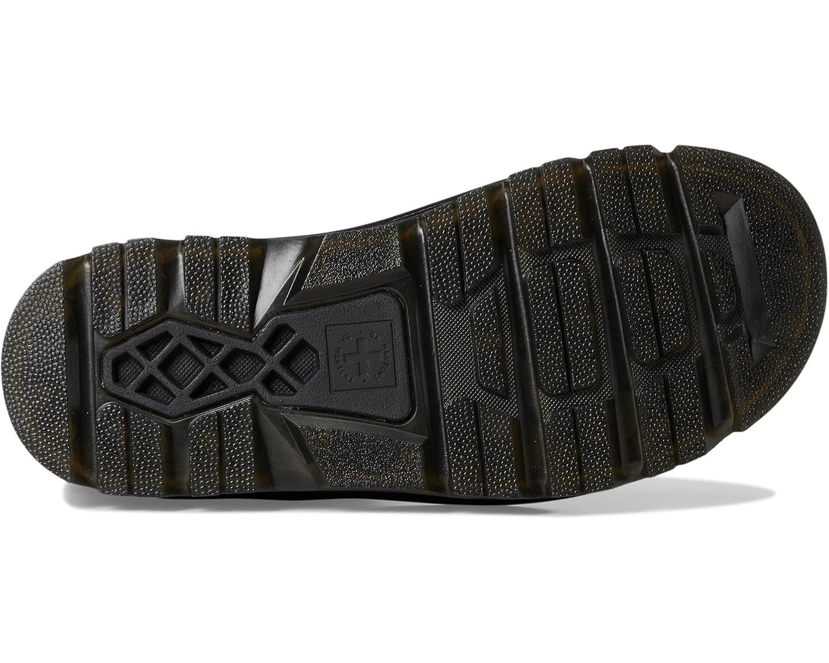 Dark brown lace-less boot outsole with rugged tread and Dr. Martens heel mark