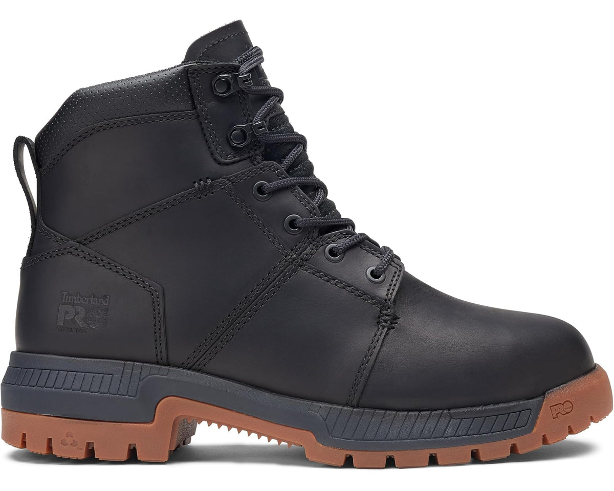 Timberland PRO men's black 6-inch safety toe work boot, angled lace-up side view