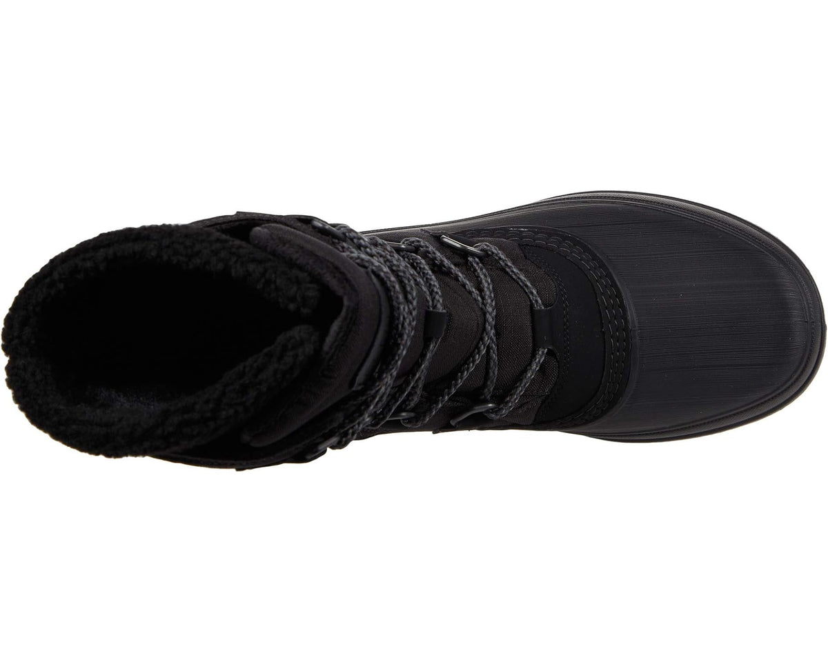 Black winter boot with fur lining, side profile, and lace-up closure