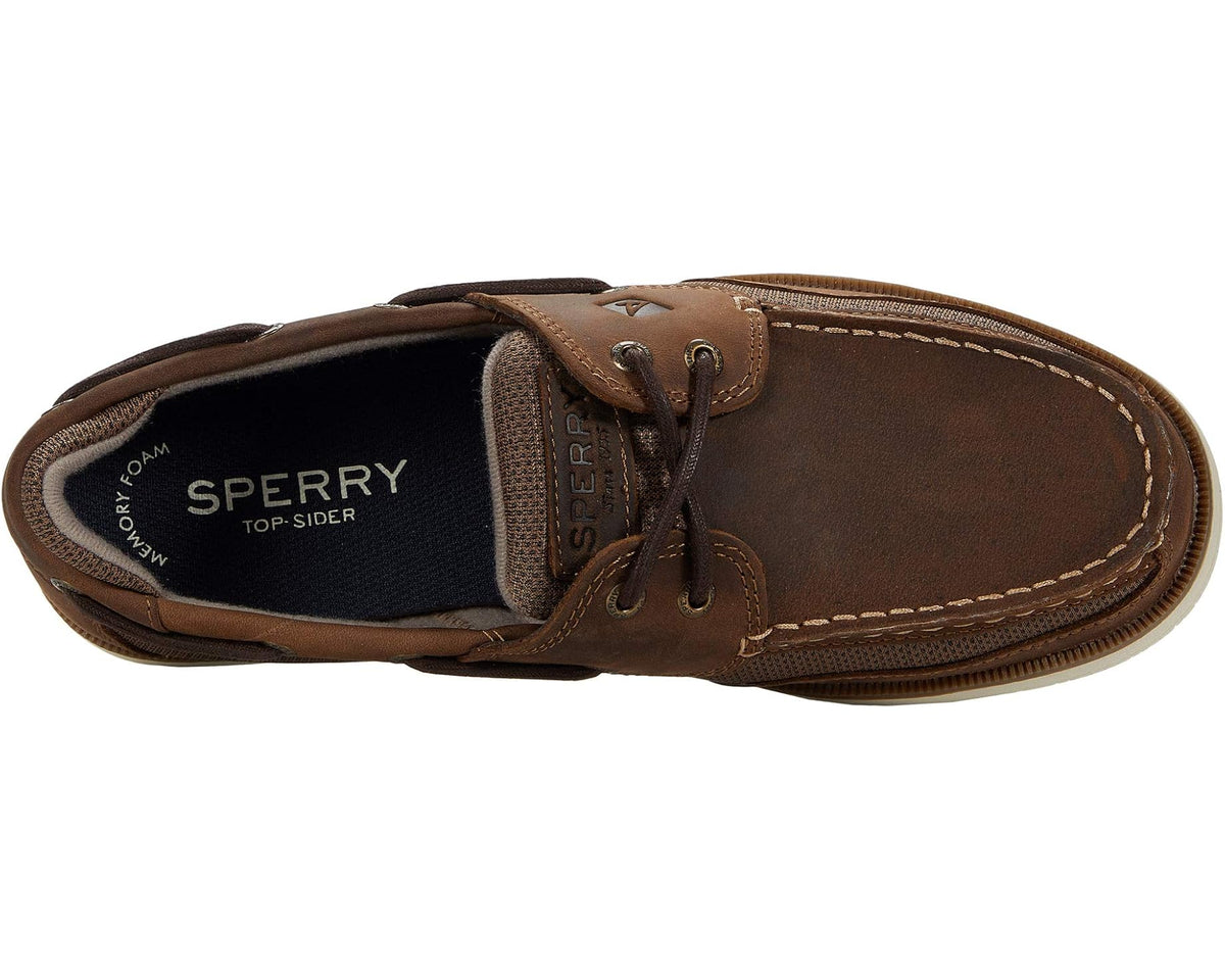 Men's dark brown boat shoe with mesh upper and padded collar