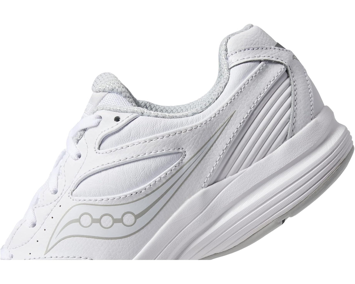White sneaker side close-up with stitched panels and lace eyelets