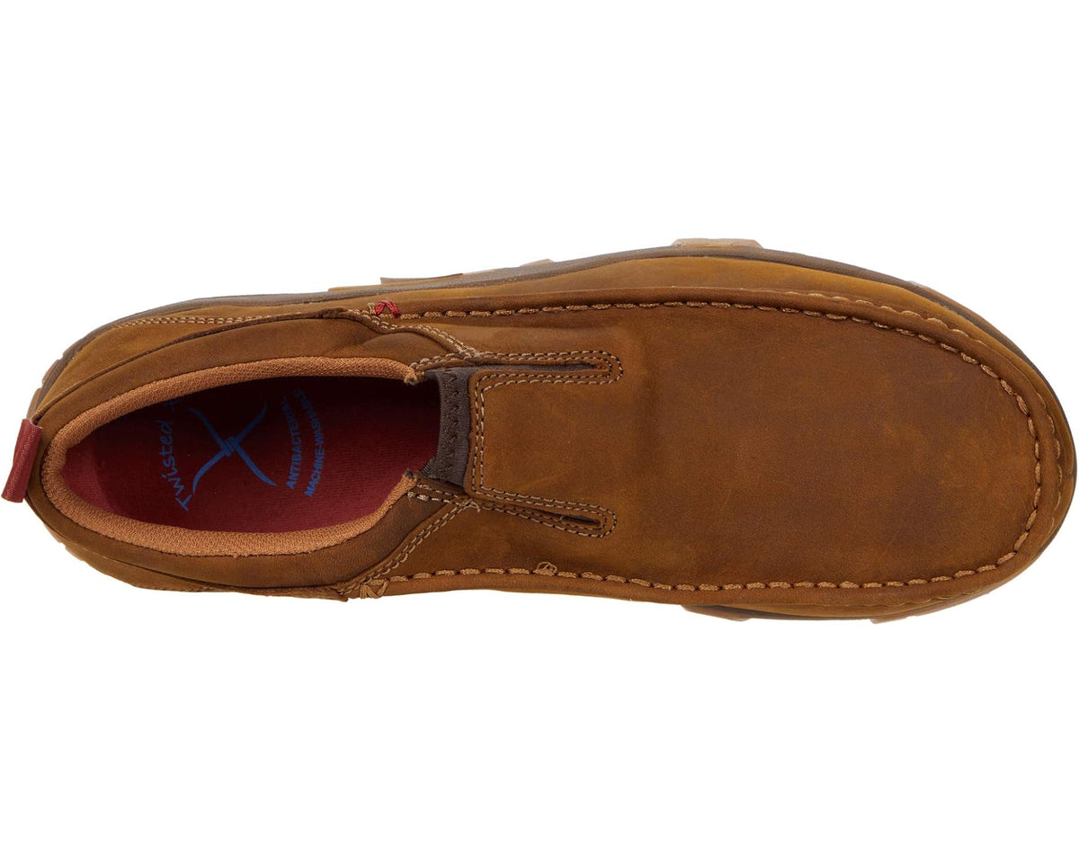 Men's brown suede work slip-on shoe, side view with padded collar and moc stitching