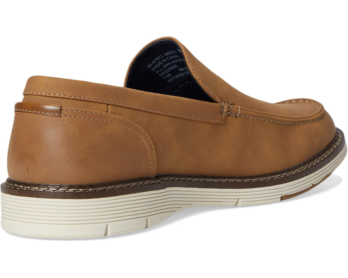 Tan loafer rear view with heel seam and cushioned insole opening
