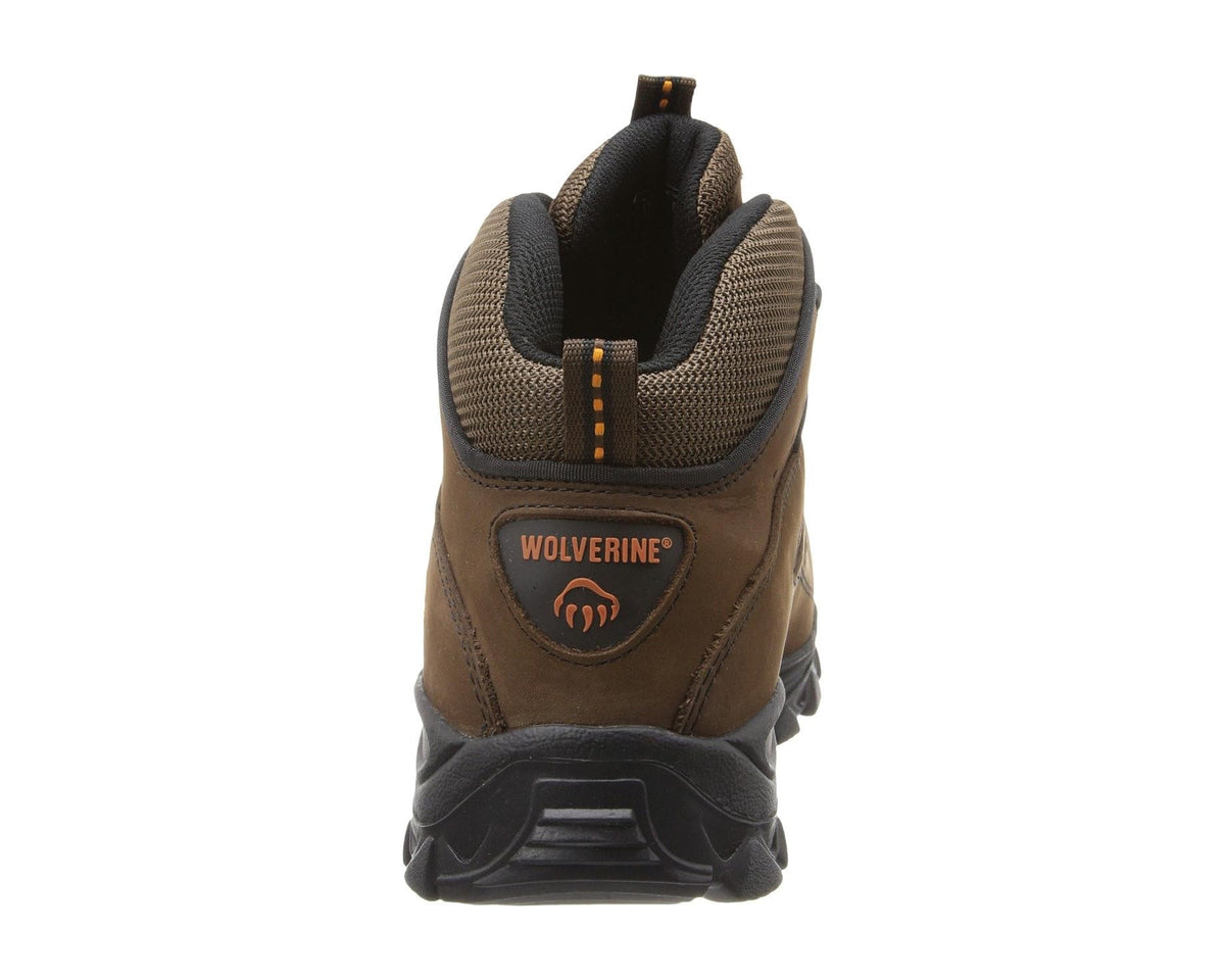 Men's brown and black hiker boots, rear view, Wolverine logo on heel