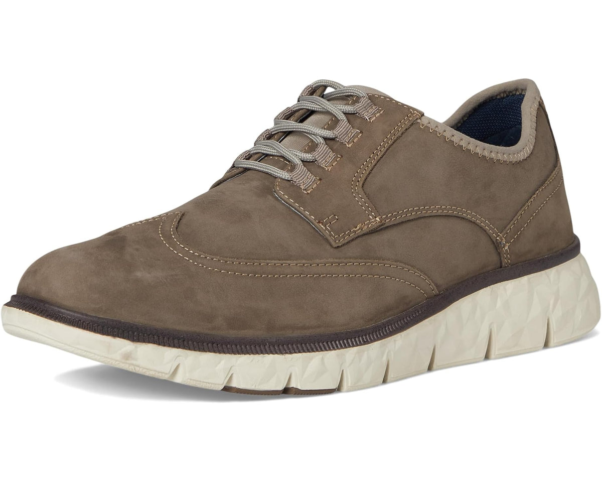 Men's taupe suede lace-up sneaker in standing side profile with cushioned sole