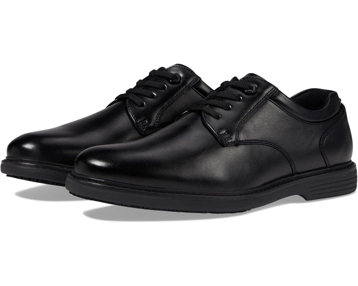 Black plain-toe lace-up oxford work shoes with padded collar, leather-like finish