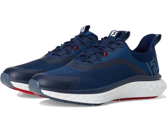 Women's FootJoy athletic sneaker in navy with teal panels and white/red sole
