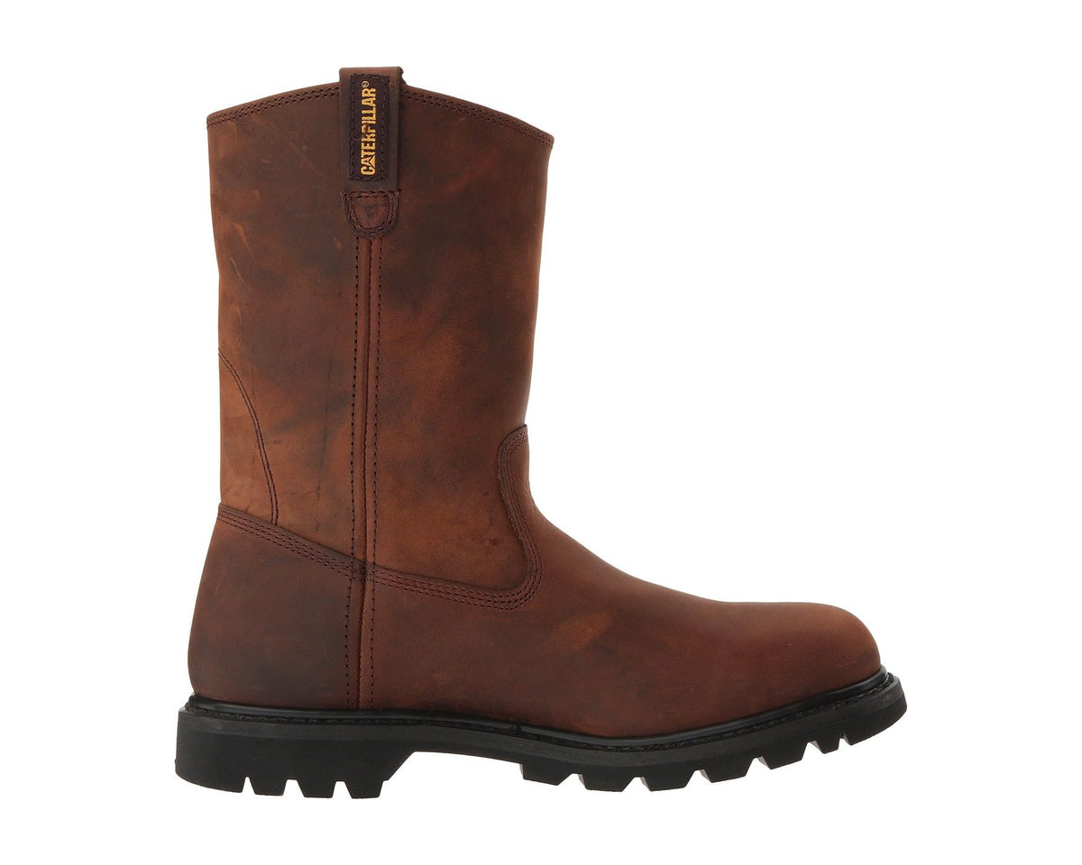 Brown pull-up leather ankle boot with side seam panel and black lug sole