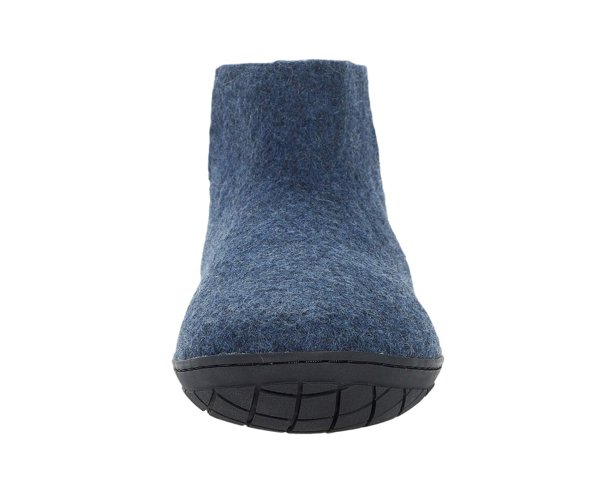Denim-blue wool ankle boot with black rubber outsole, front view