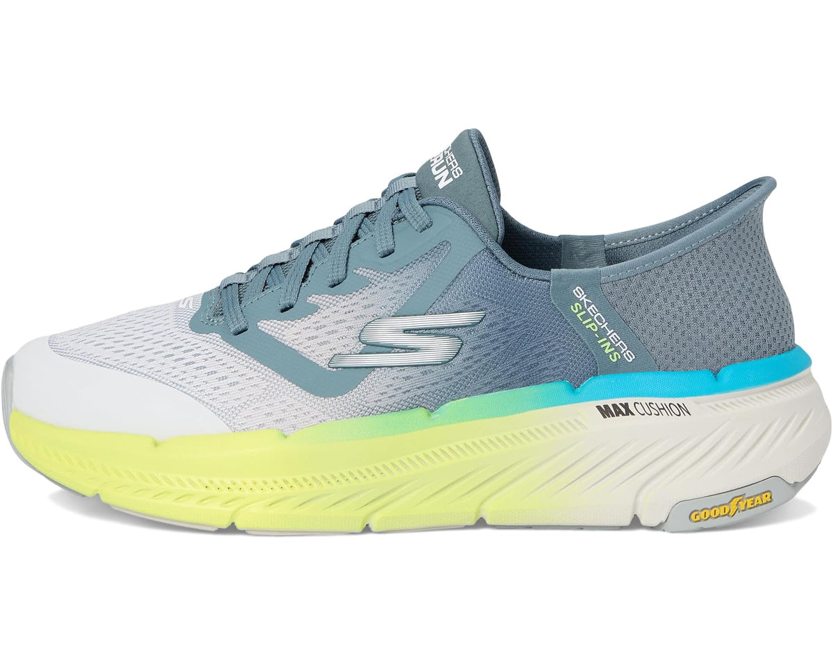 Men's gray slip-on sneakers with teal upper, Goodyear badge, and neon yellow midsole