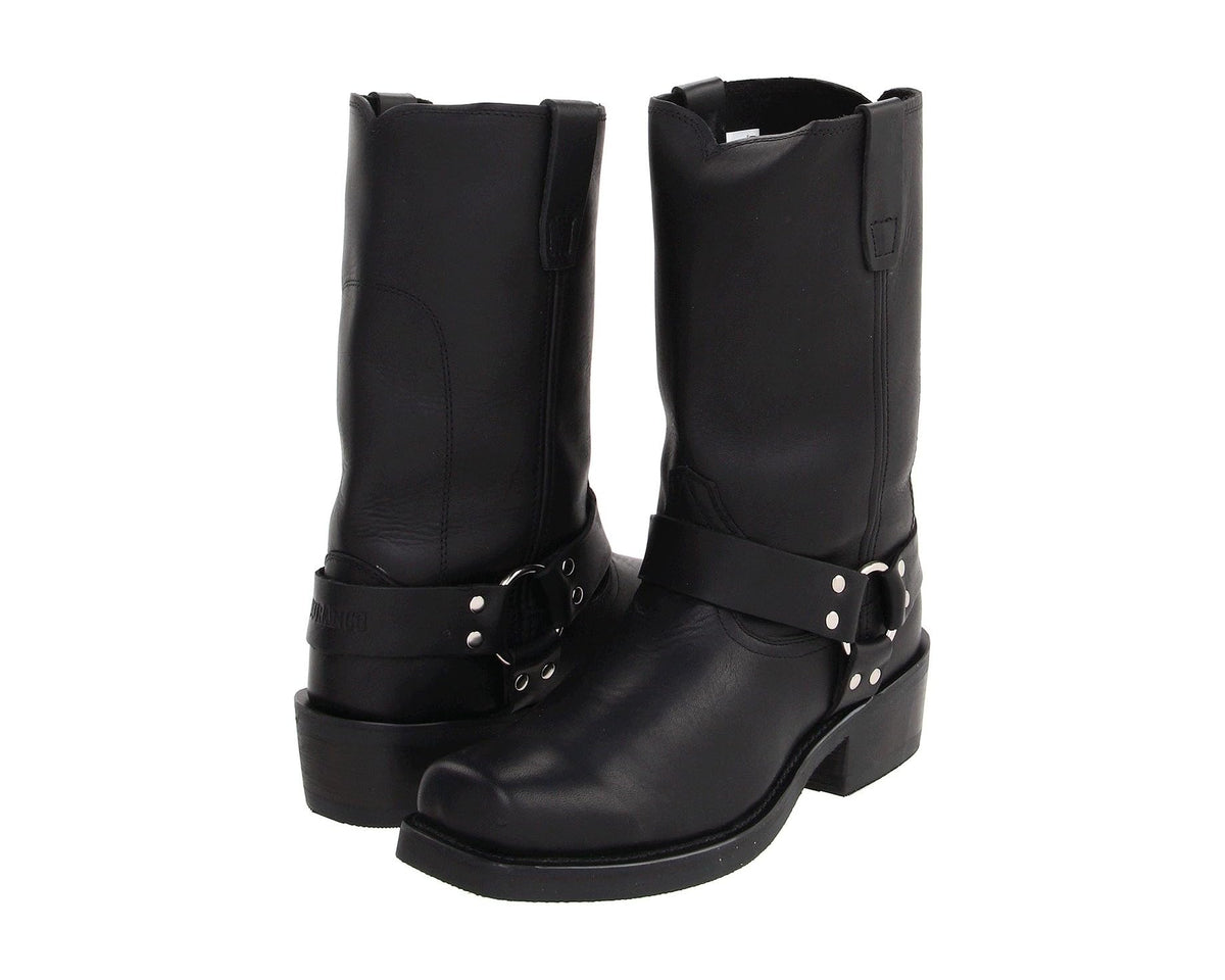 Black leather cowboy boots with ankle buckle strap and low block heel.