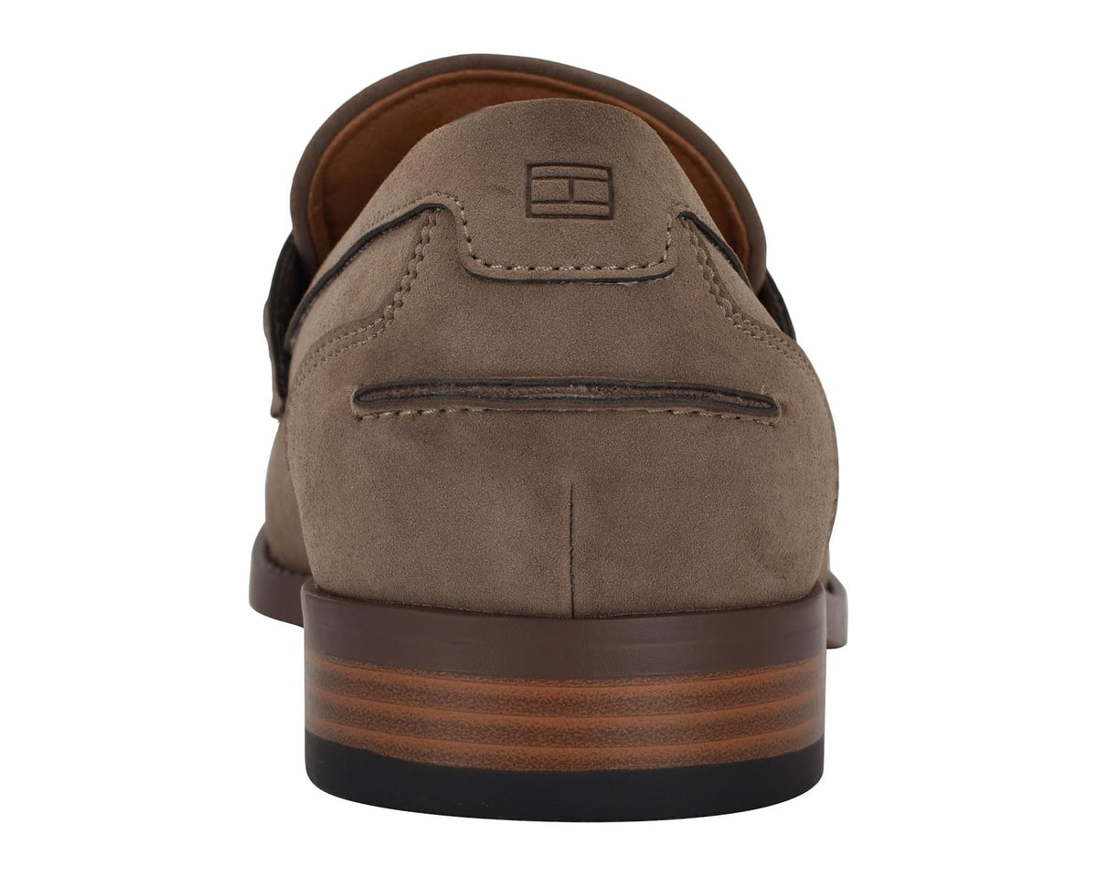 Men's Tommy Hilfiger taupe suede loafer back view with logo tag