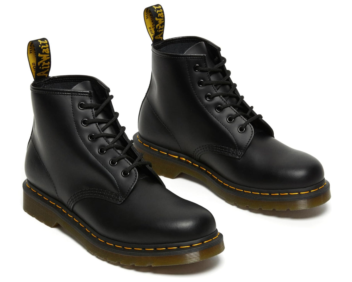 Black smooth leather ankle boots, lace-up front, yellow welt stitching and pull tabs