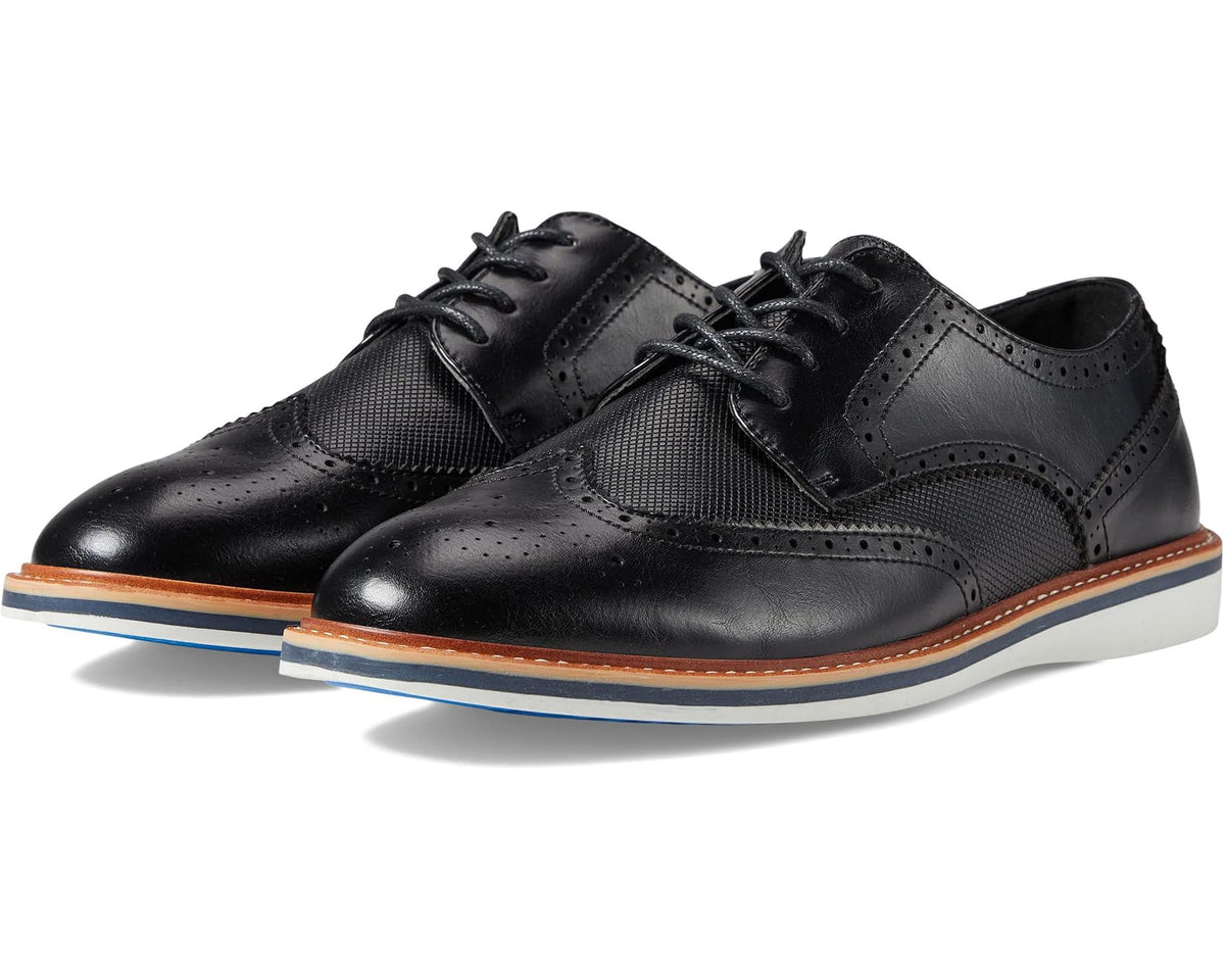 Men's black lace-up oxford shoes with wingtip perforations and contrast sole