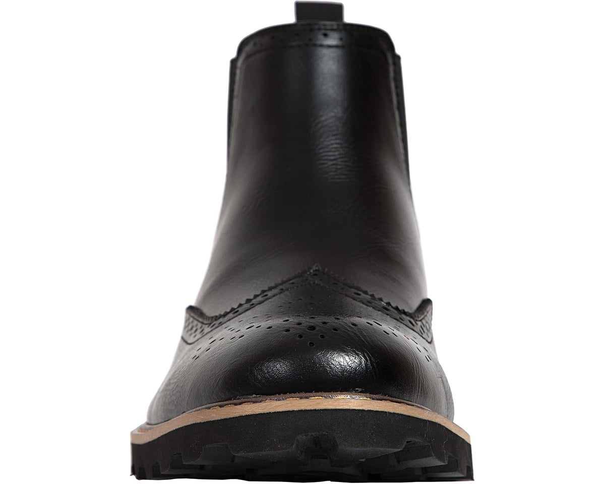 Men's black leather chelsea boot toe and heel view with tan welt and treaded sole