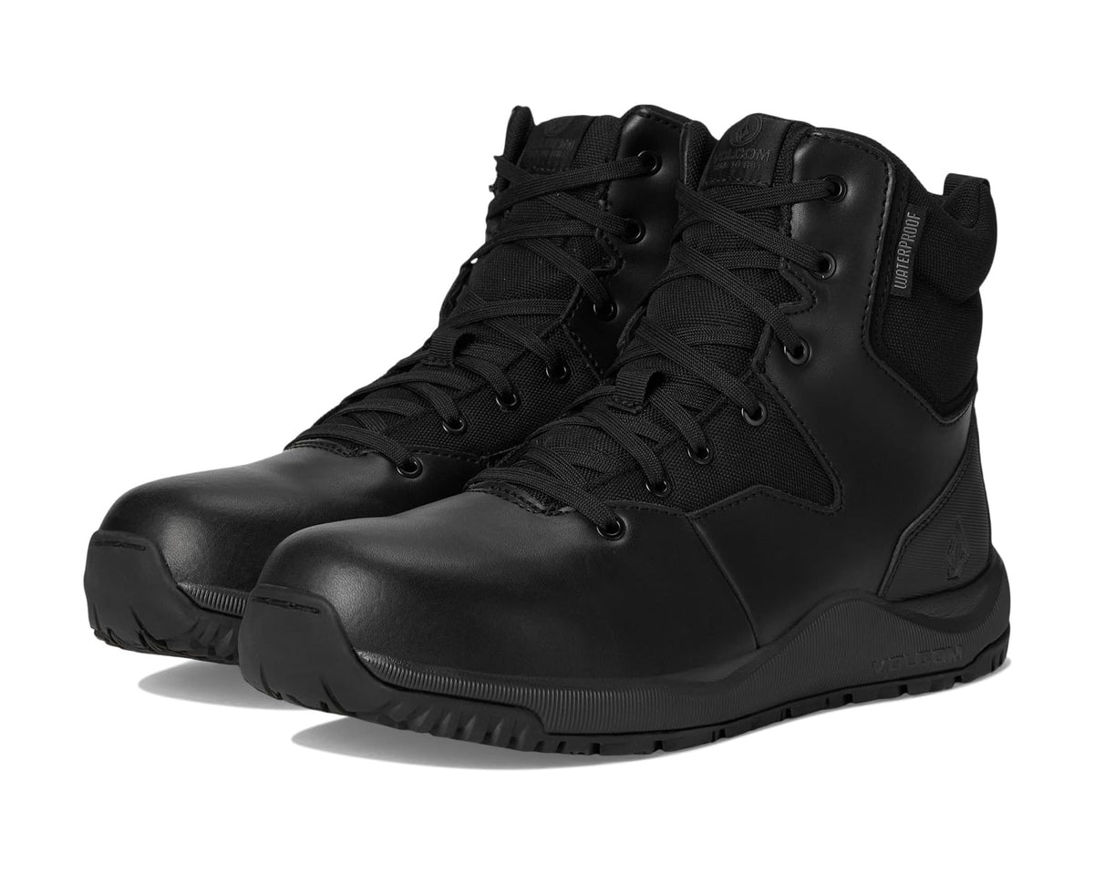 Black tactical waterproof boots with lace-up and side pull tab, mid-calf height