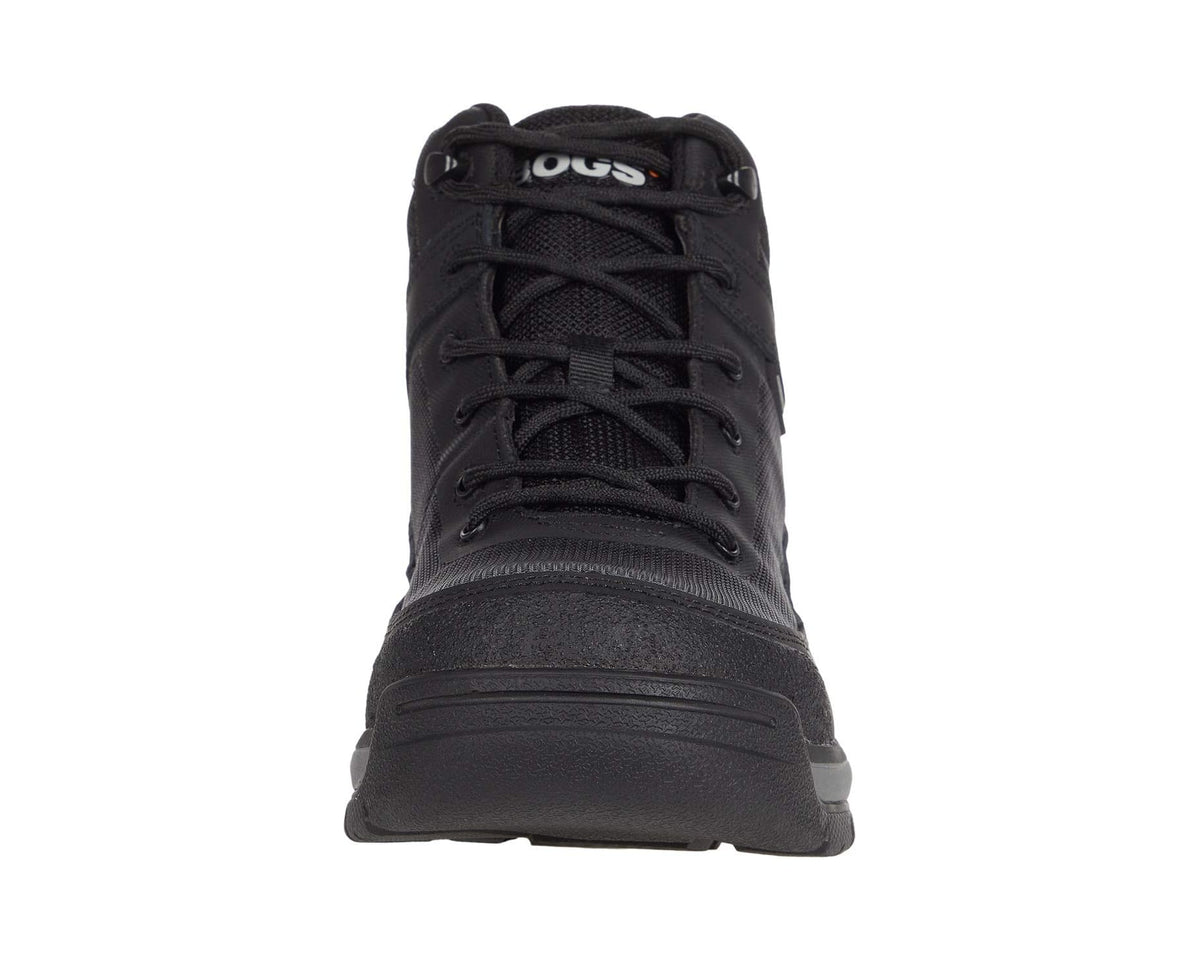 Black mid-cut lace-up work boot with front laces and tongue logo patch
