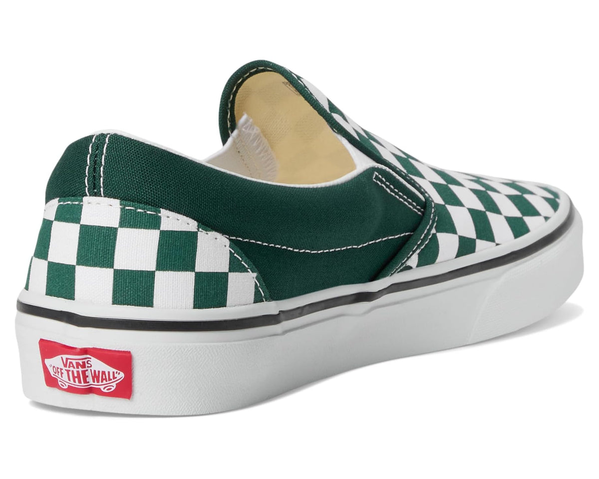 Vans slip-on with green heel panel, checkerboard canvas, and red Vans tag