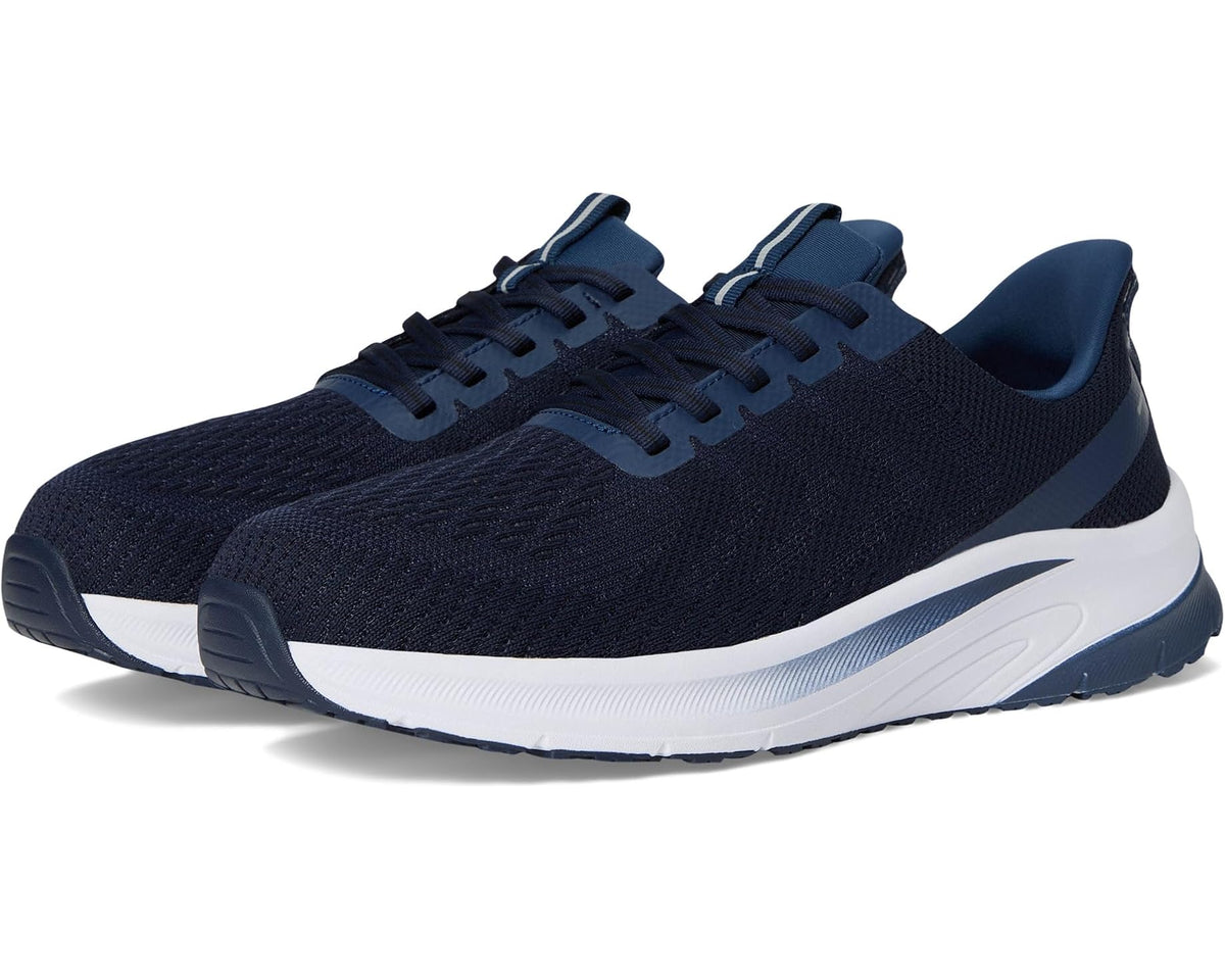 Men's navy knit lace-up sneakers with white midsole and light blue trim