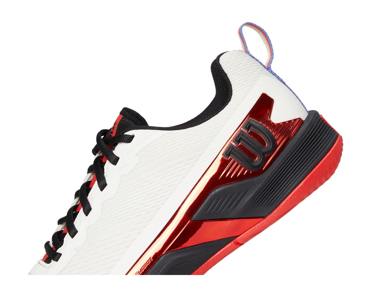 Men's white tennis shoe side close-up with large red Wilson logo detail