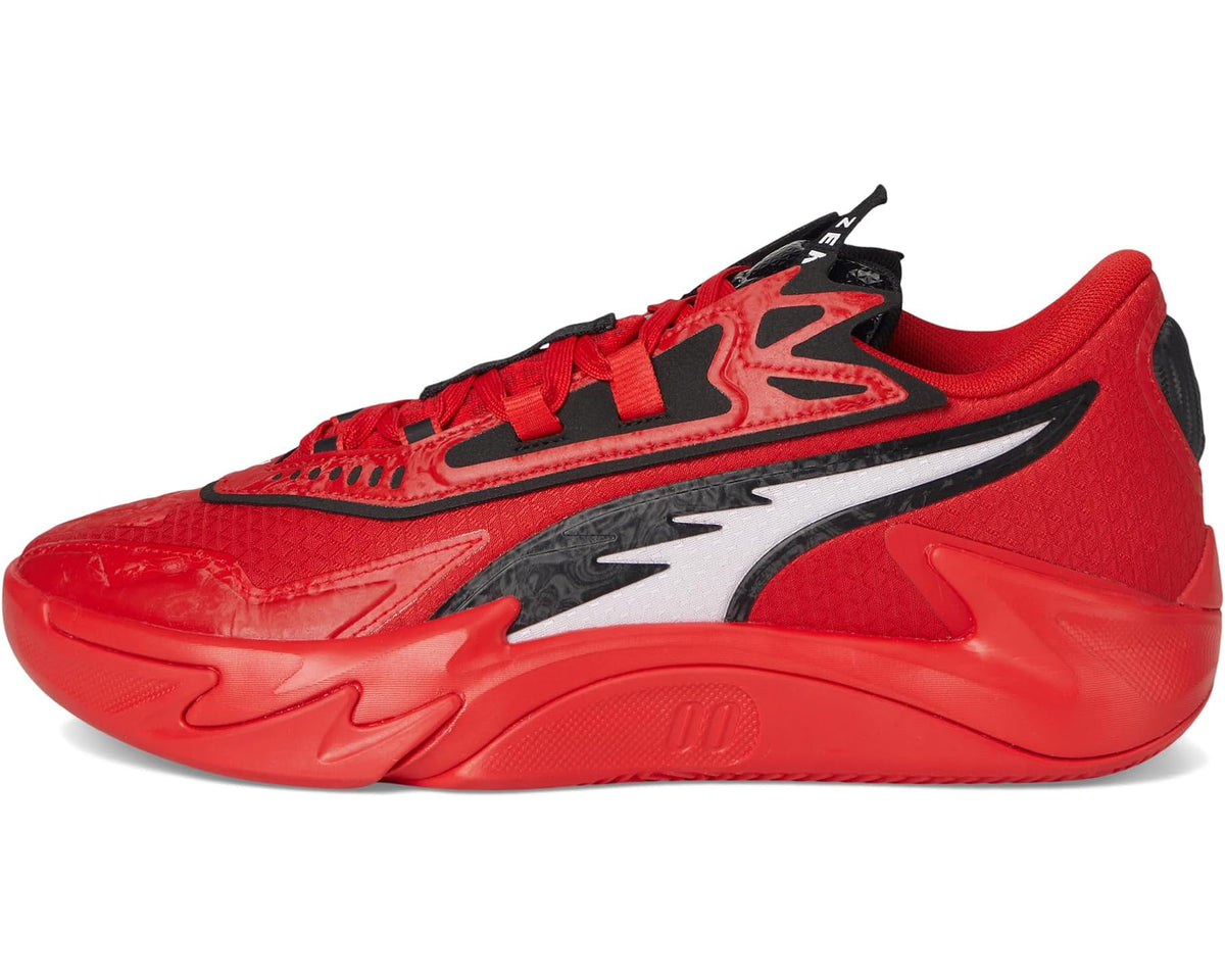 Men's PUMA basketball shoes red low top with black heel and white midsole stripe.