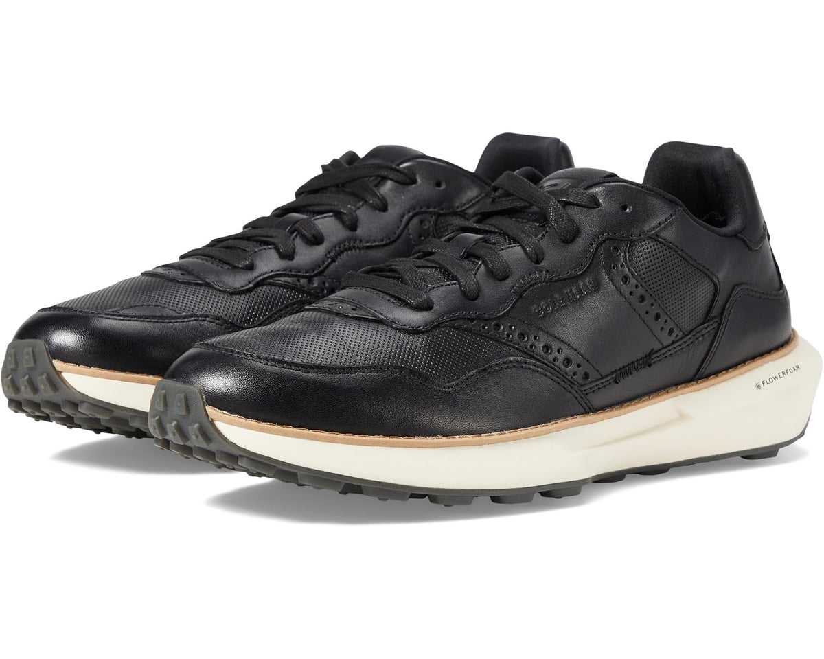 Cole Haan men’s black leather lace-up sneaker with perforated panels and ivory sole