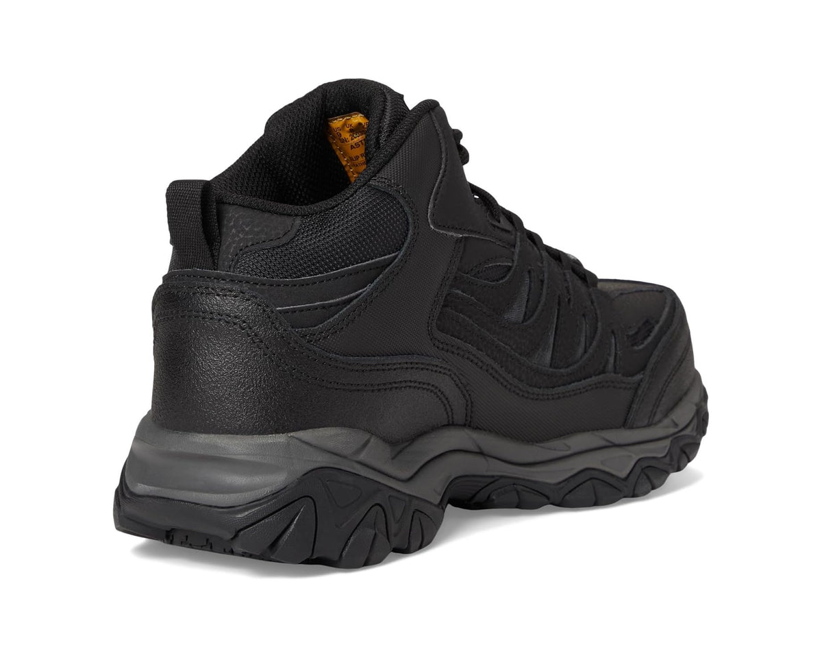 Men's black work boot rear view with high-top padded collar and heel support